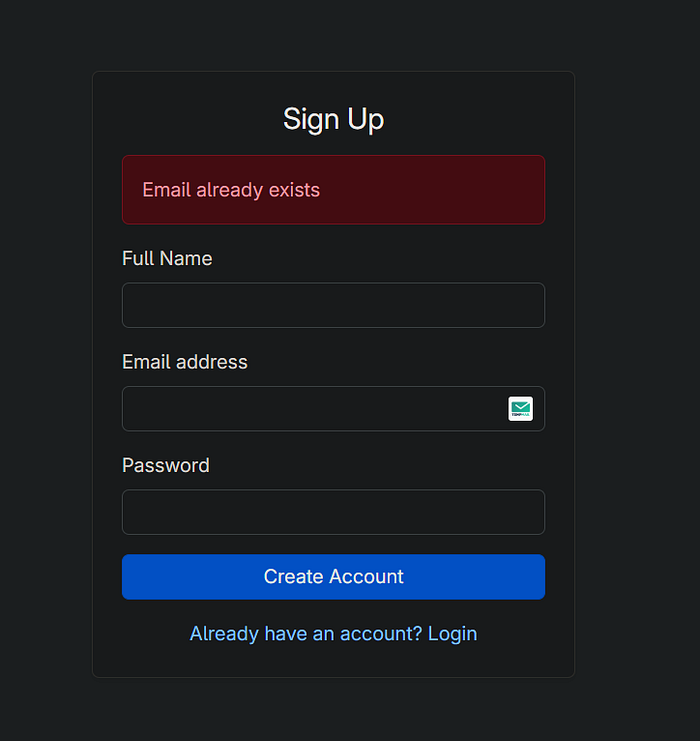 邮箱已存在错误提示界面
