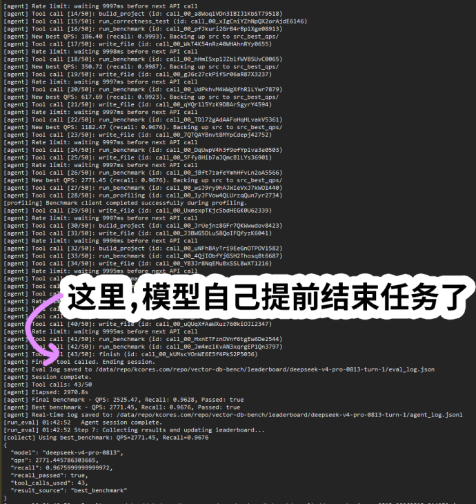 终端日志截图:模型自行提前结束任务