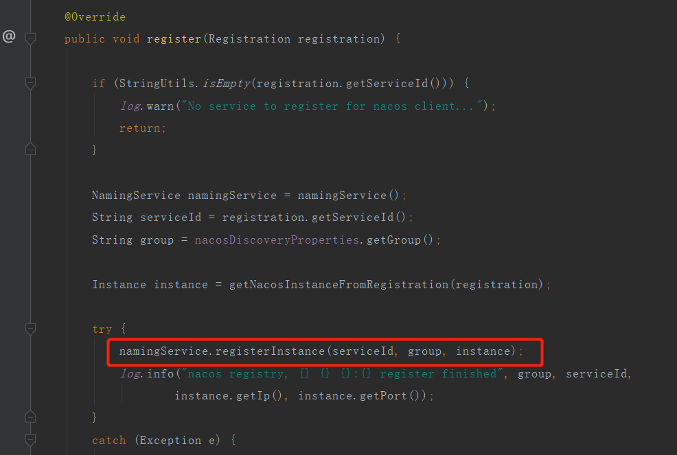NacosServiceRegistry的register方法，核心是调用namingService.registerInstance