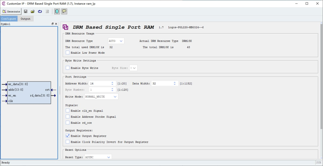 PGL22GB RAM IP 核配置：16KB 容量，32 位数据宽度