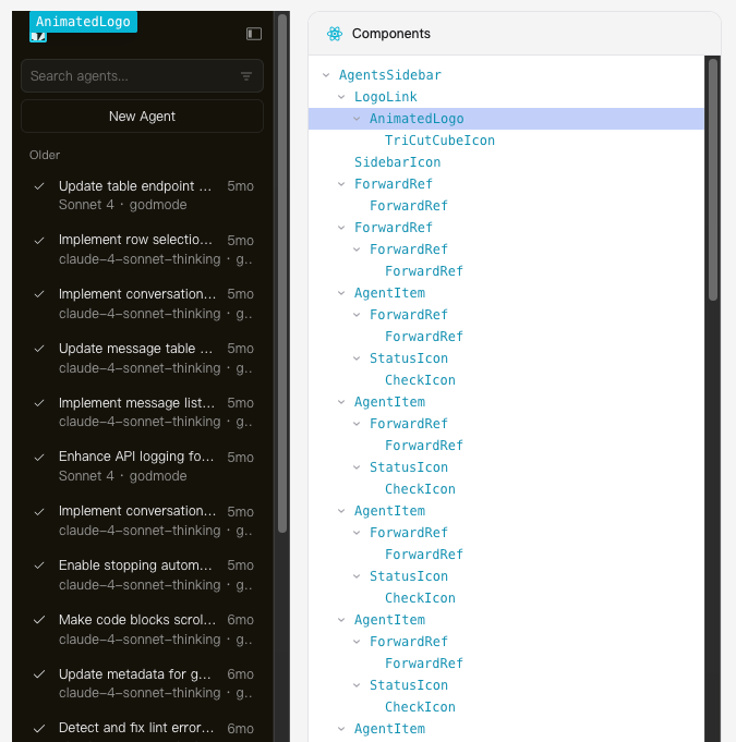 Cursor网站代理侧边栏与组件树界面