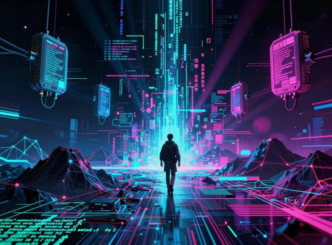 一幅赛博朋克风格的未来数字峡谷，充满了数据流、悬浮终端和二进制代码