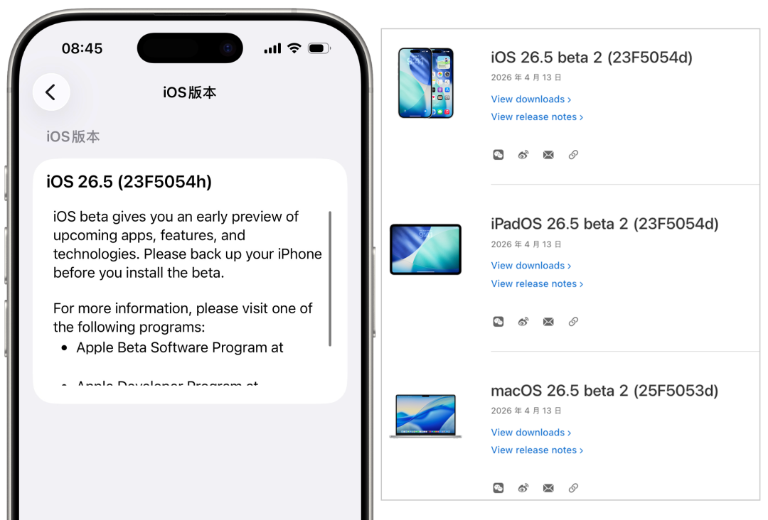iOS 26.5 Beta 2系统更新信息及网页下载列表截图