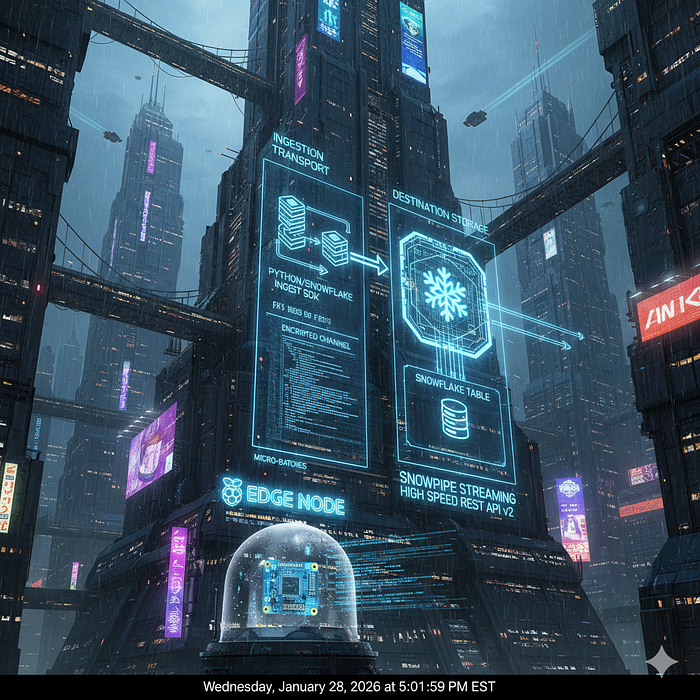 Snowpipe Streaming V2 架构示意图，展示从边缘节点到云端数据表的数据流