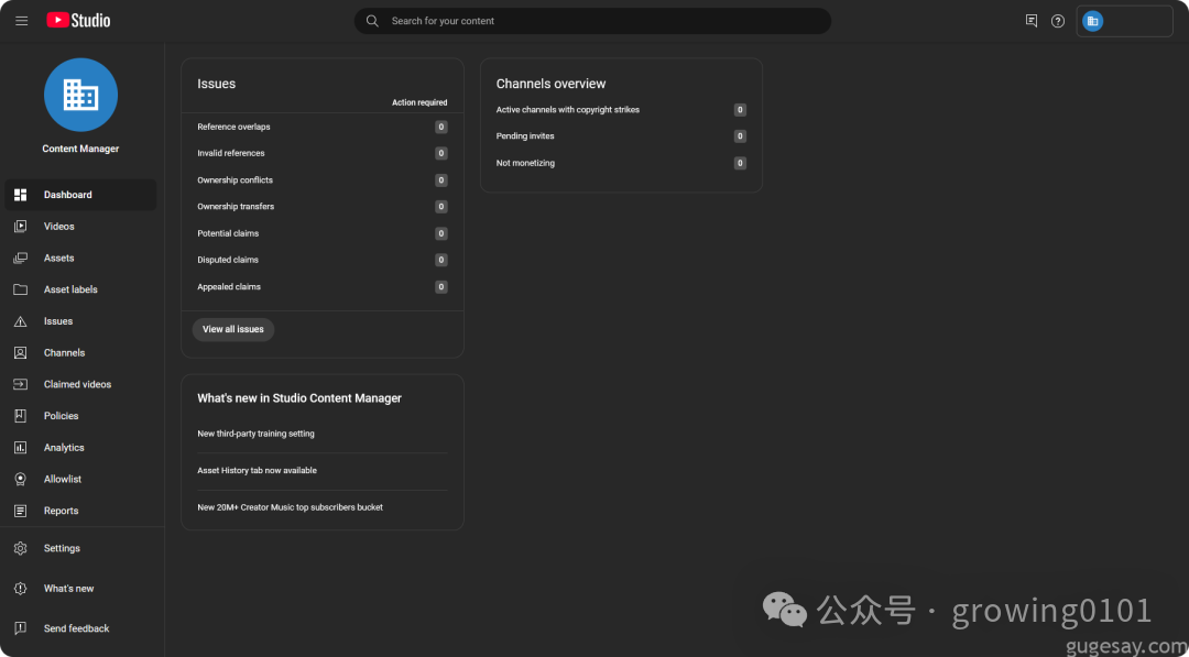 YouTube内容管理器界面