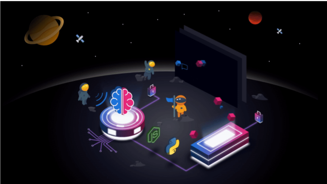 描绘人工智能与太空科技的科幻风格等轴测插画