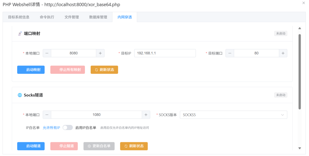 内网穿透功能配置界面，展示端口映射与SOCKS隧道