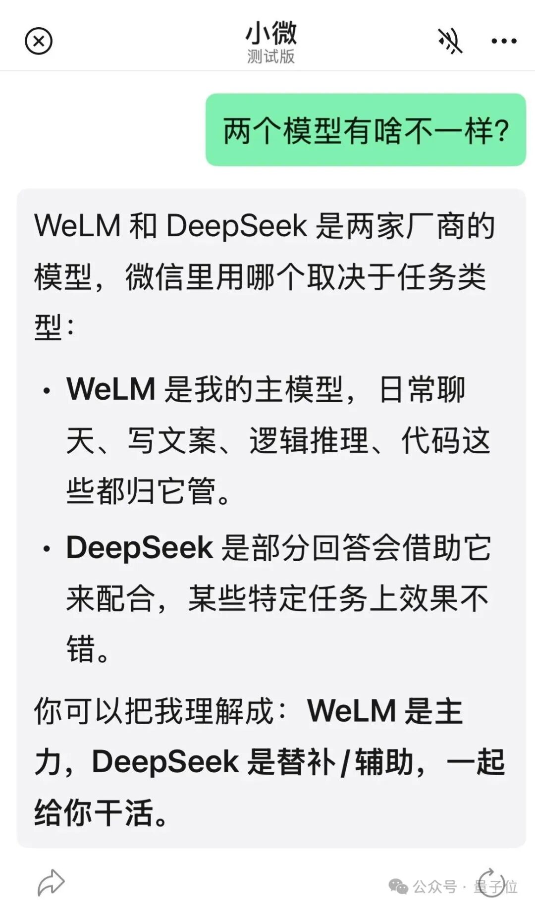 手机聊天界面截图,小微解释WeLM和DeepSeek两个模型的分工与区别