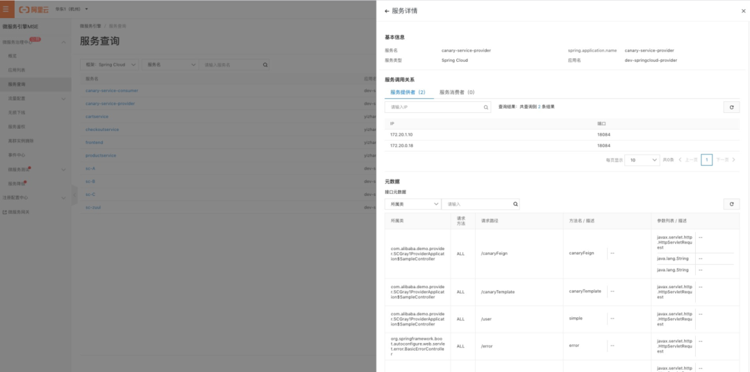 MSE 服务查询界面截图，展示服务详情与元数据