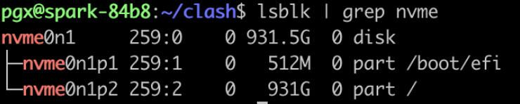 终端输出:`lsblk | grep nvme`命令结果,显示nvme0n1 931.5G disk,含/boot/efi与/根分区
