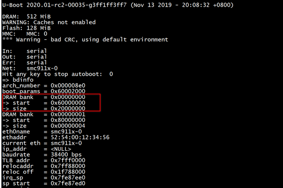 U-Boot bdinfo 输出,显示 DRAM 起始地址为 0x60000000