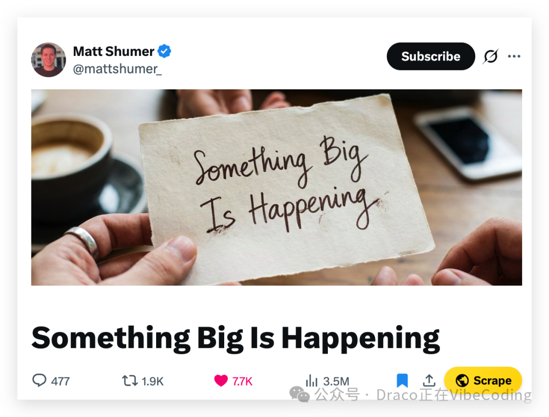 Matt Shumer关于“大事正在发生”的社交媒体推文截图