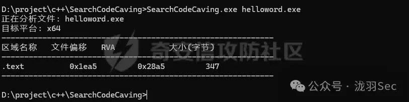 SearchCodeCaving工具运行结果,显示代码洞位置