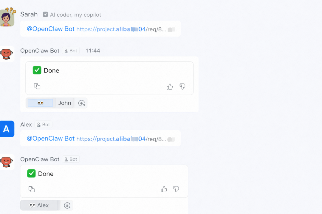 OpenClaw对话界面截图，显示用户@机器人后仅收到“Done”回复