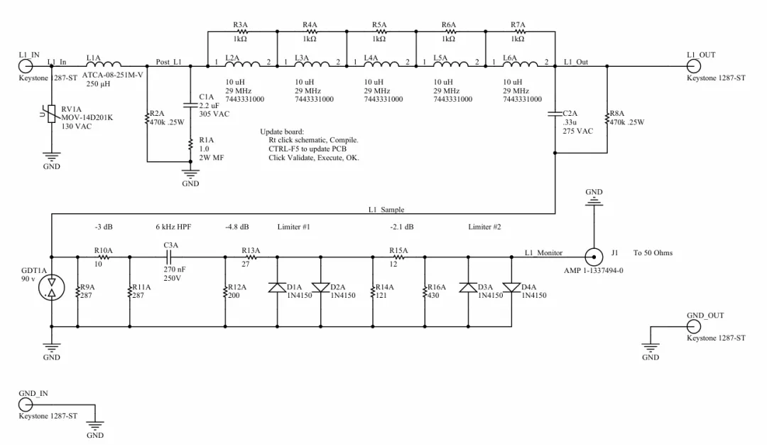 PCB板级电路原理图，展示输入滤波、多级电感电容网络以及限幅器监测电路