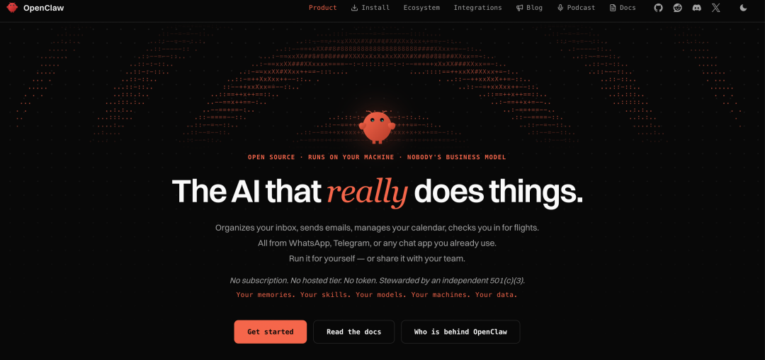 OpenClaw 官网界面,展示 The AI that really does things