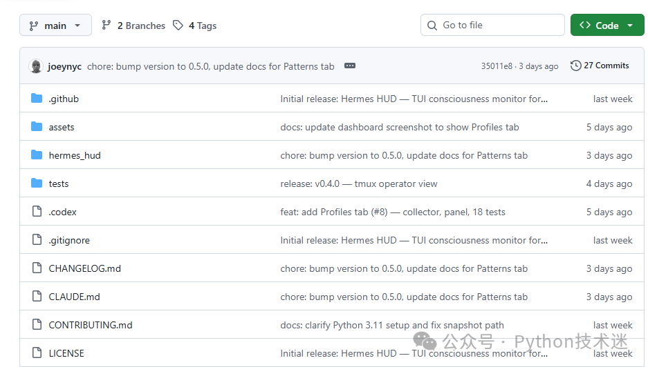 GitHub 仓库文件列表截图，显示了主分支提交历史、目录结构与文件说明