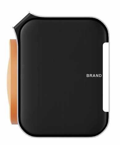 黑色方形设备侧面特写，展示金属边框与橙色侧翼设计