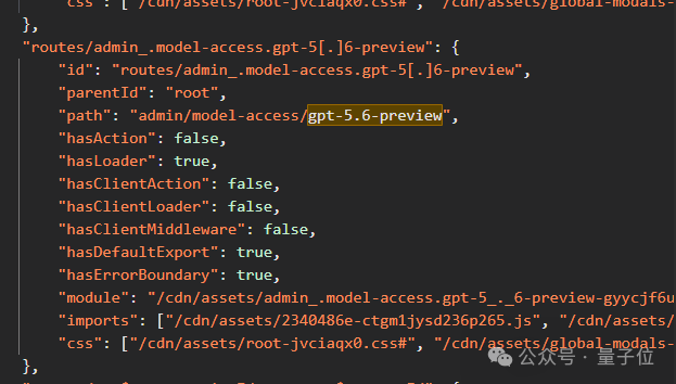代码编辑器界面截图，高亮显示了一段包含`/admin/model-access/gpt-5.6-preview`的JSON路径配置