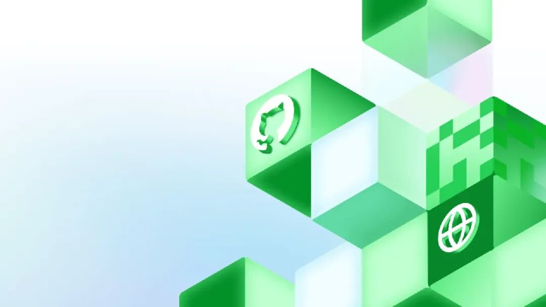 多个绿色渐变立方体堆叠的现代科技感插图，部分立方体上印有循环箭头和地球图标