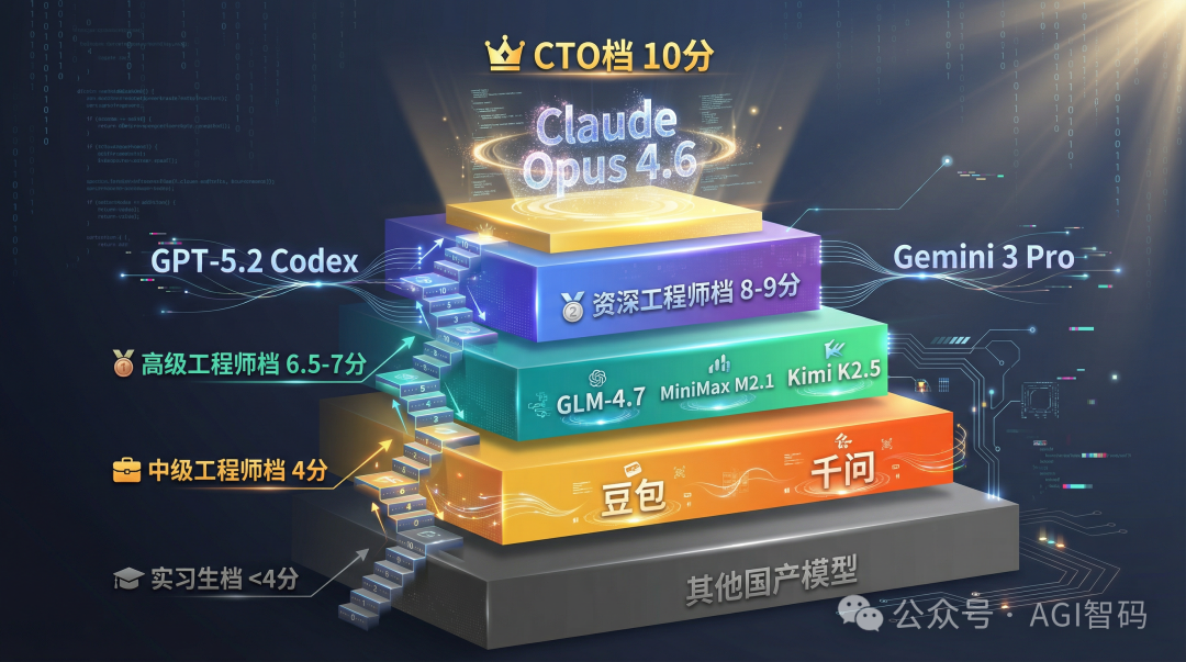 AI大模型编码能力金字塔分级图，展示了从CTO档到实习生档不同AI模型的能力评分