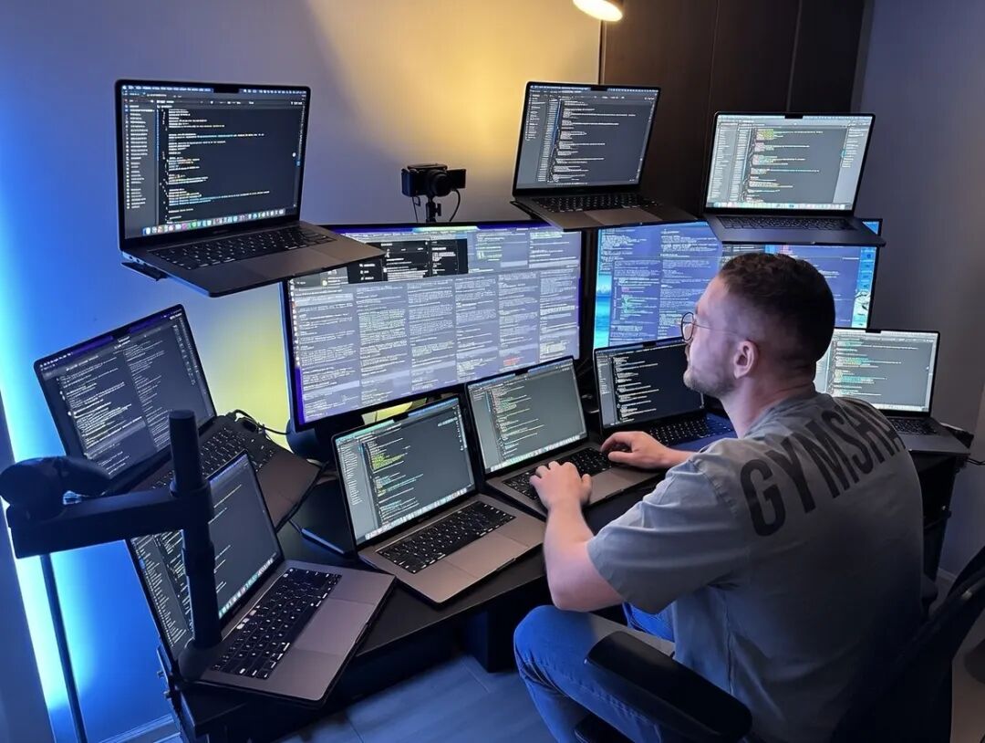 OpenClaw创始人Peter Steinberger在多屏幕工作站前编程