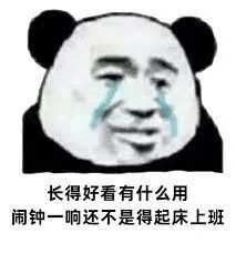 一张熊猫头表情包，配文“长得好看有什么用，闹钟一响还不是得起床上班”