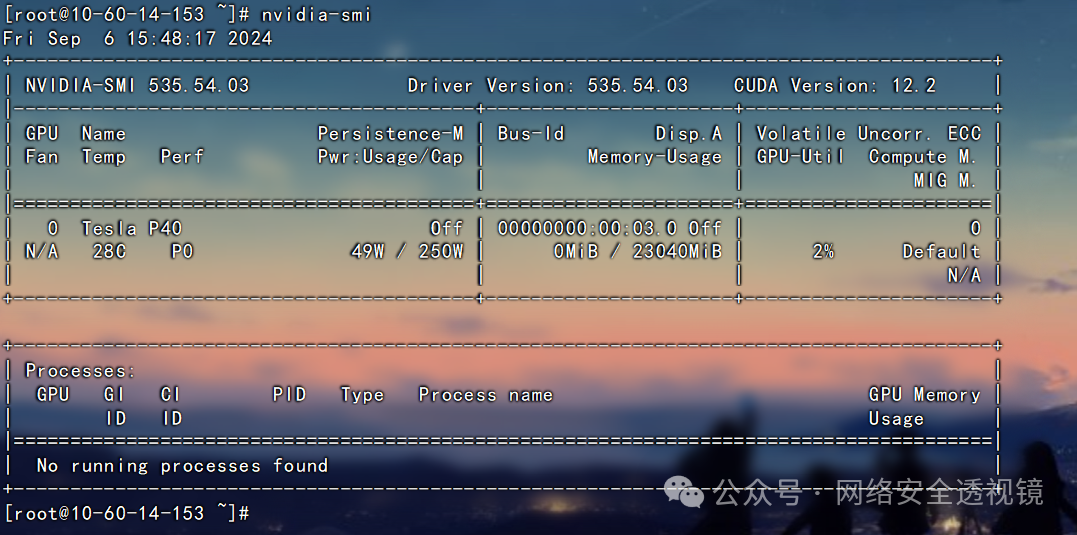 nvidia-smi输出结果，显示Tesla P40 GPU状态，驱动版本535.54.03，CUDA版本12.2