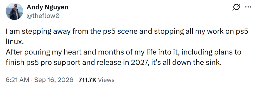 Andy Nguyen 宣布退出 PS5 破解圈并停止 PS5 Linux 工作的推文截图