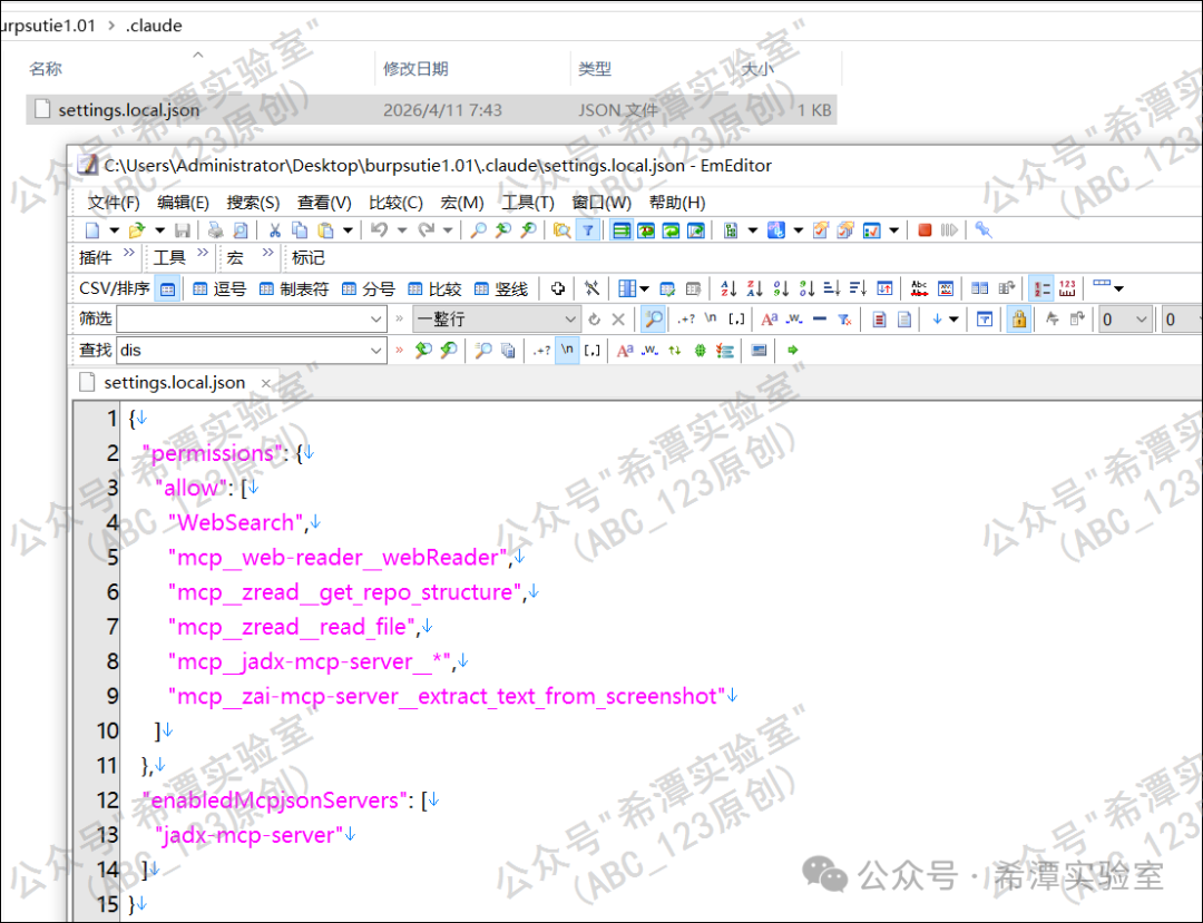 JSON 配置文件编辑器界面,显示 settings.local.json 的内容