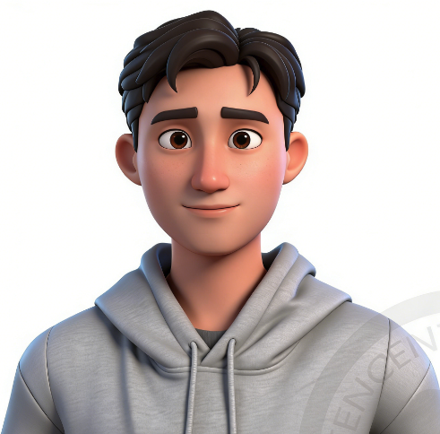 一个3D动画风格的年轻男性角色，面带微笑