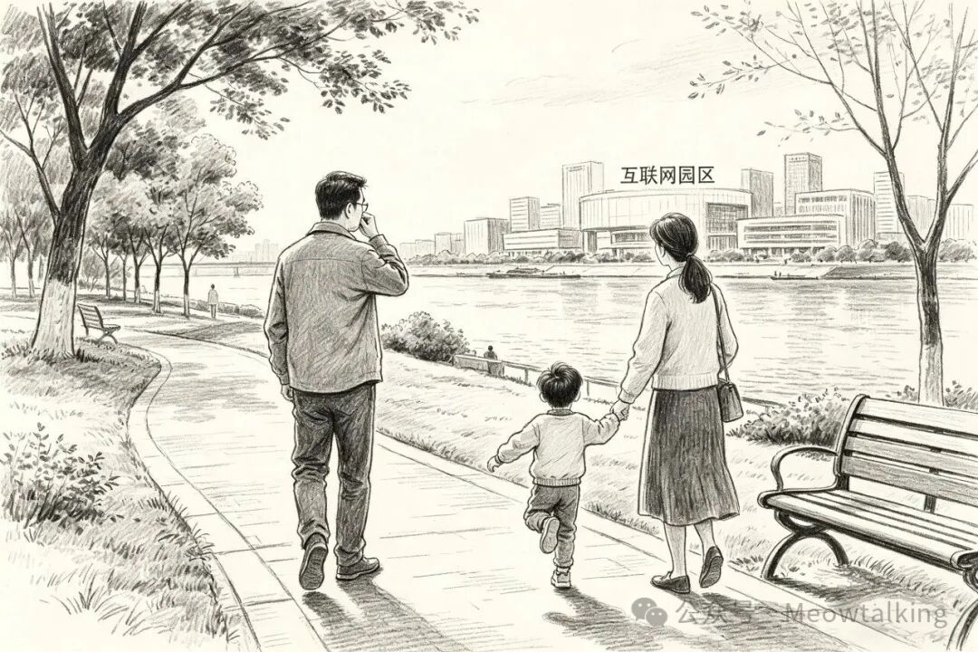 一家三口在杭州滨江边散步，远处可见互联网园区