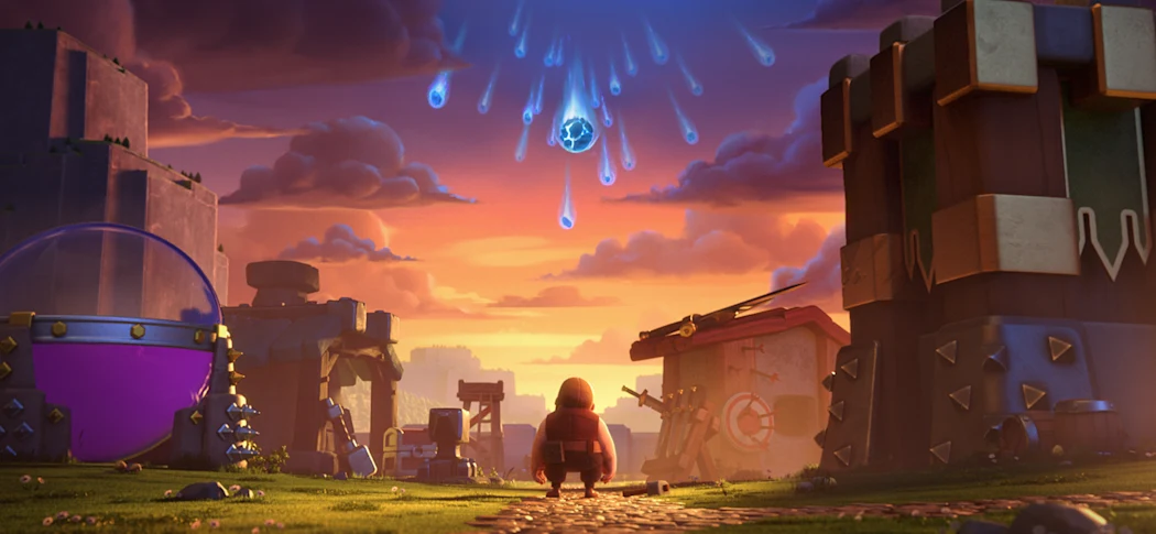 角色仰望天空流星雨的奇幻场景