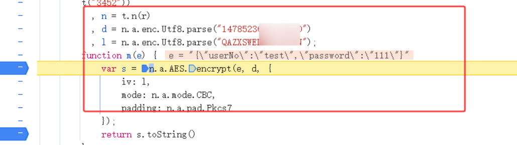 前端JS加密逻辑代码截图，显示AES-CBC加密