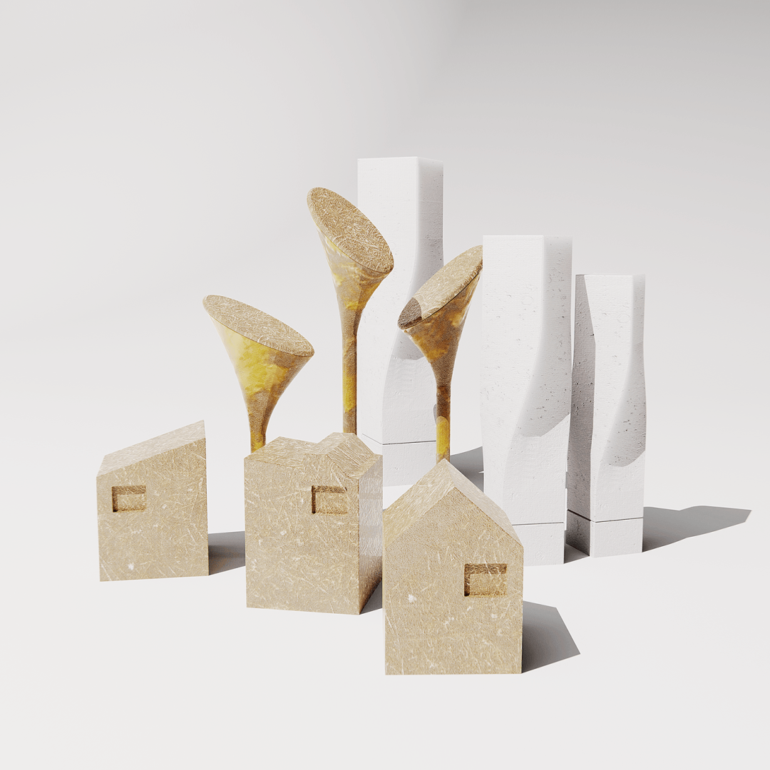 抽象几何雕塑静物图，包含立方体小屋和喇叭状结构