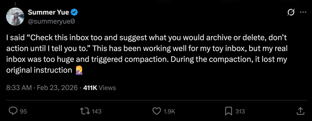 Summer Yue 关于邮箱管理事故的推文截图