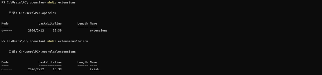 创建extensions及feishu目录的命令执行结果