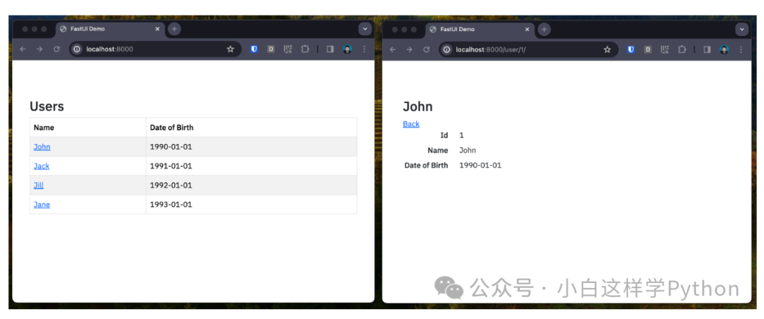 用户列表与详情页并排展示，左侧为列表右侧为详情