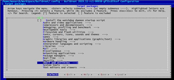 Buildroot Target Packages 界面,显示 Shell and utilities 等软件包分类