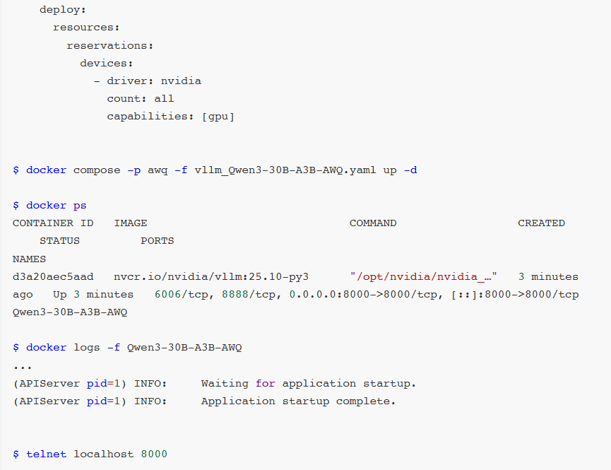 Docker Compose命令截图:`docker compose -p awq -f ... up -d`及`docker ps`容器状态