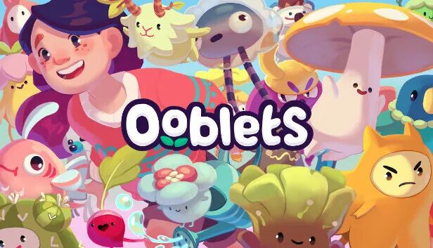 卡通插画风格Ooblets标题,周围环绕多种可爱拟人化生物角色