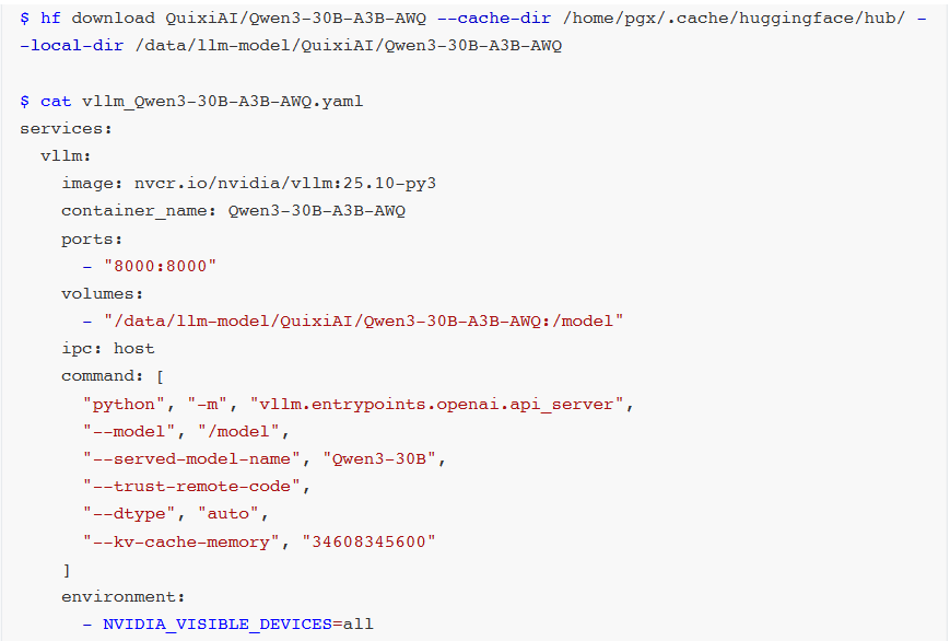 YAML配置文件截图:vllm_Qwen3-30B-A3B-AWQ.yaml,含image、container_name、ports、volumes等