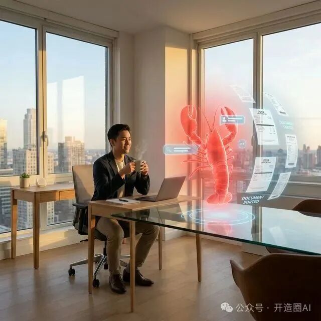 OpenClaw实际应用场景示意图：工作者与悬浮的AI助手交互