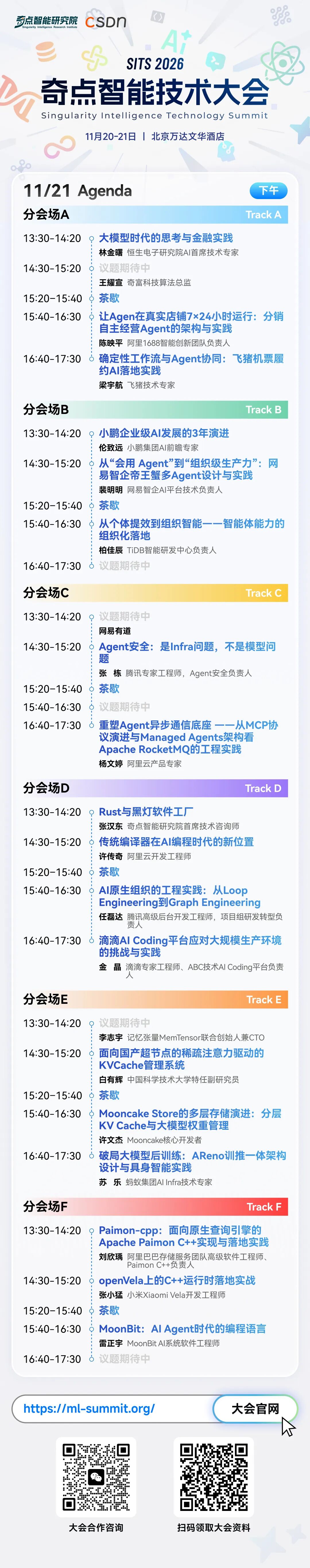 2026奇点智能技术大会11月21日下午议程海报:六大分会场议题涵盖Agent实践、多Agent组织落地与AI Infra