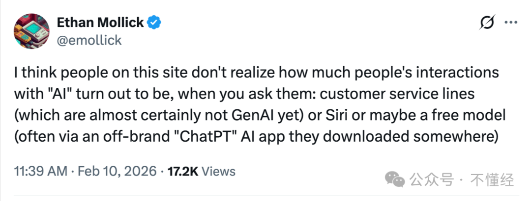 沃顿商学院教授Ethan Mollick关于公众AI认知的推文截图
