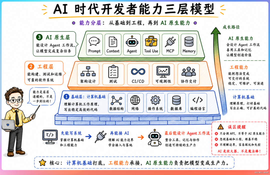 一张关于'AI时代开发者能力三层模型'的教育类信息图，采用金字塔结构展示从计算机基础到工程能力再到AI原生能力的分层模型，并附有成长路径与误区提醒