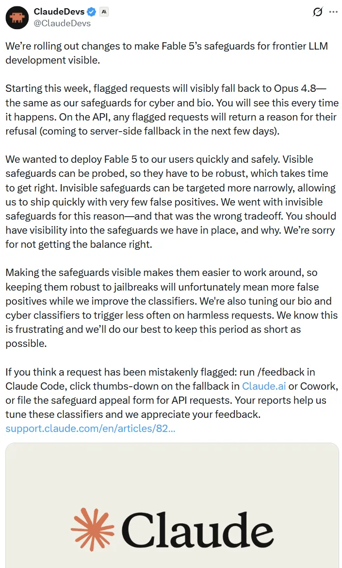 ClaudeDevs关于Fable 5安全防护调整的推文
