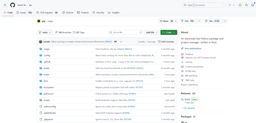 GitHub 上的 uv 项目主页截图