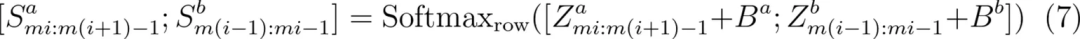 Softmax公式：[S^a_{...}; S^b_{...}] = Softmax_row([Z^a_{...} + B^a; Z^b_{...} + B^b])