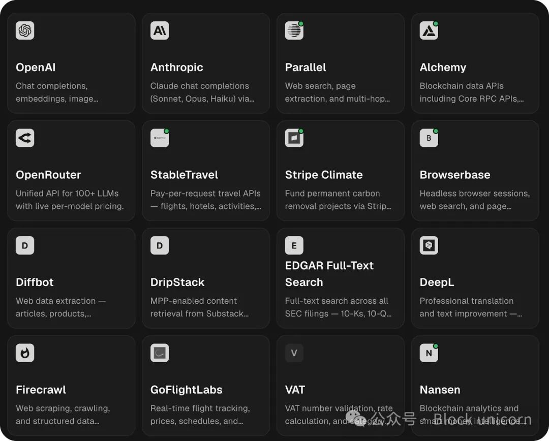 展示多个 AI 与数据服务提供商的网格布局，第一方服务带有绿色标记